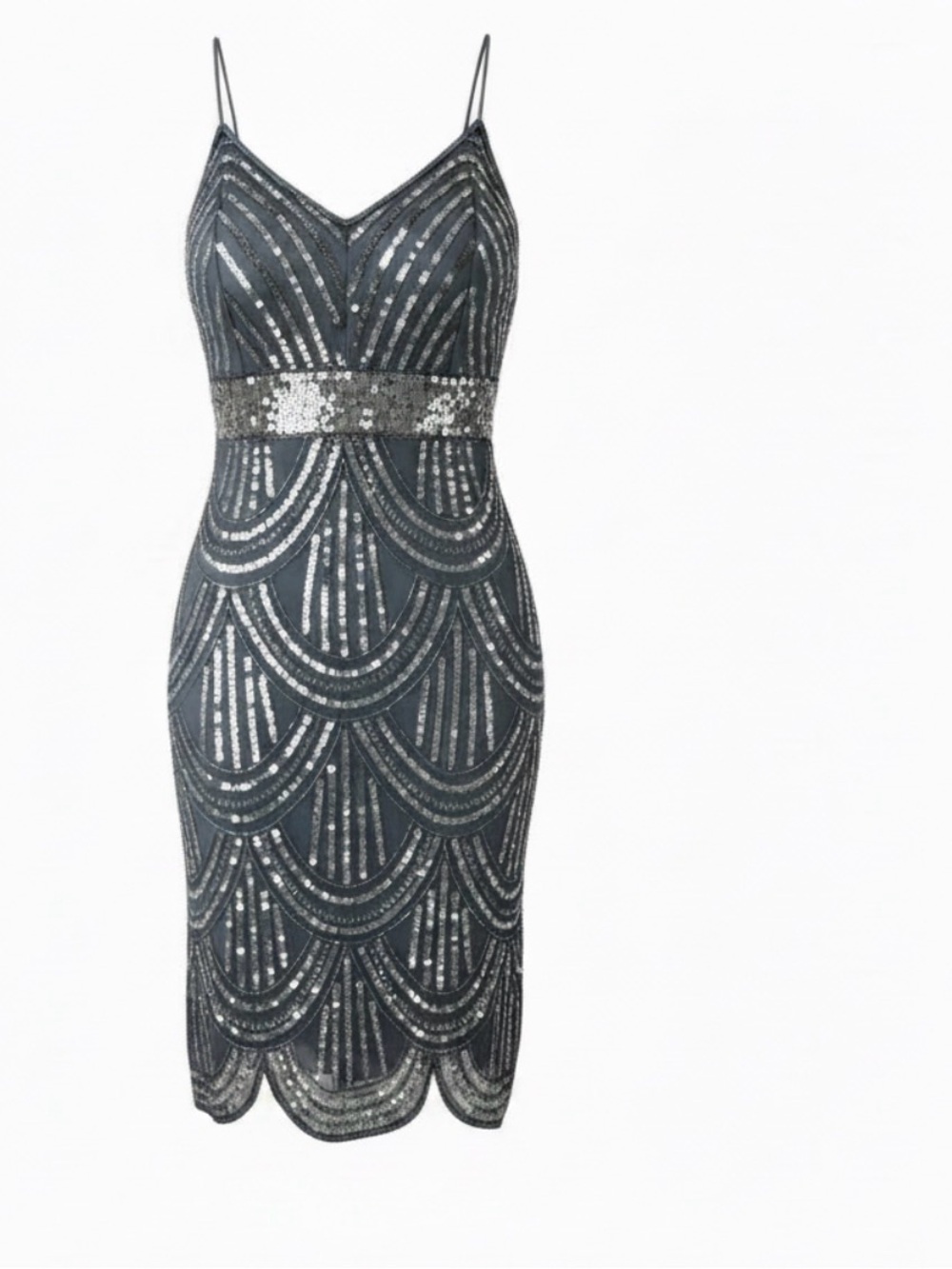 Jump Metallic Silver Sequin Scallop-Pattern Midi Dress